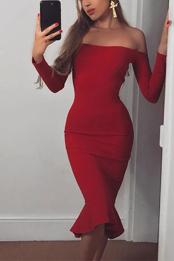 Red Off Shoulder Mermaid Prom Party Dress With Long Sleeves