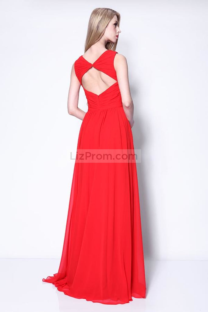 Red Ruffled Sleeveless Cut Out Prom Evening Dress