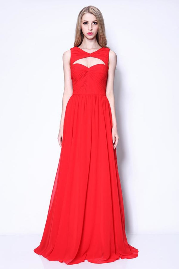 Red Ruffled Sleeveless Cut Out Prom Evening Dress