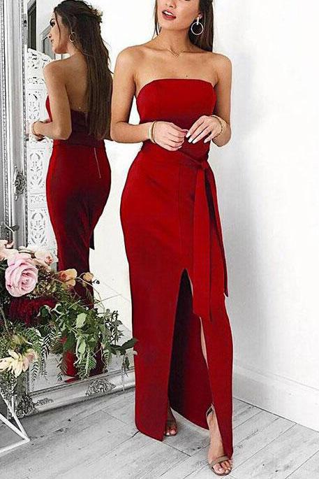 Sexy Red Strapless Thigh-high Slit Long Bandage Prom Dress