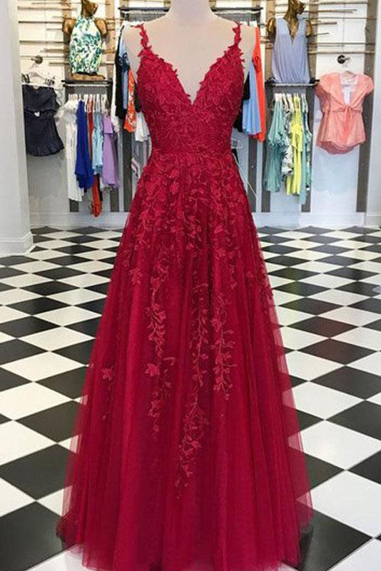 Red Fancy Applique A-line V-neck Tulle Evening Prom Dress