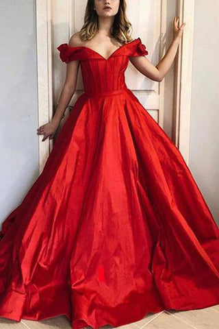 Red Off-the-Shoulder V-neck Evening Prom Ball Gown