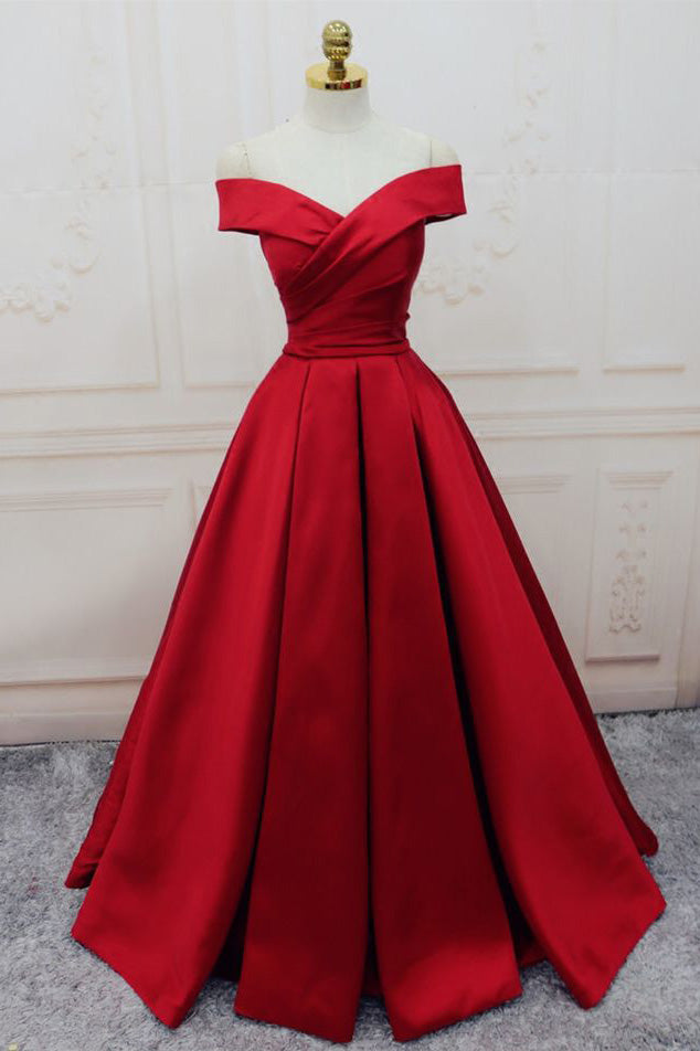 Red Satin A-line Off The Shoulde Evening Formal Gowns Prom Dress.
