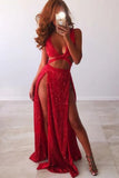 Red Sequined Cut Out Thigh-High Slit Prom Dress Dresses