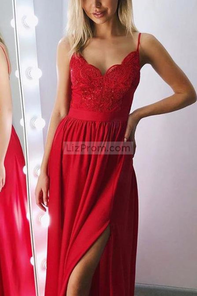 Red Spaghetti Straps V-Neck Sleeveless Rhinestone Lace Slit Prom Dress Dresses