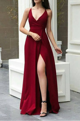 Red Spaghetti Straps V-neck Prom Evening Dress With Slit