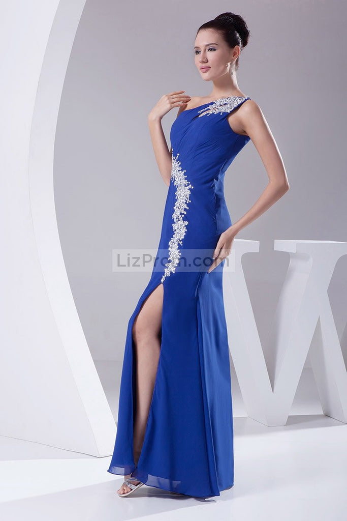 Royal Blue Cut Out Applique High Slit Evening Prom Dress