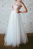 Sequined Scoop Sleeveless Long Bridesmaid Prom Dress