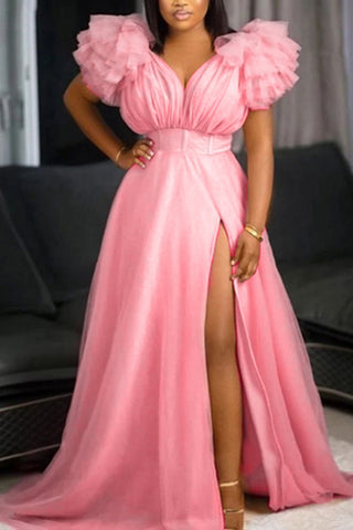Chic Thigh-high Slit Ruffled Formal Gown