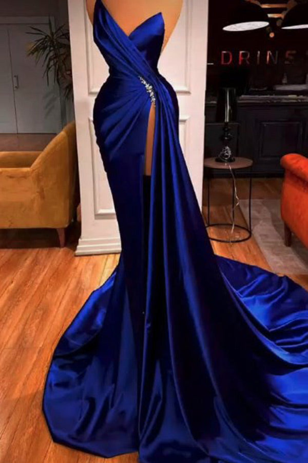 Sexy Royal Blue Strapless High Slit Formal Dress