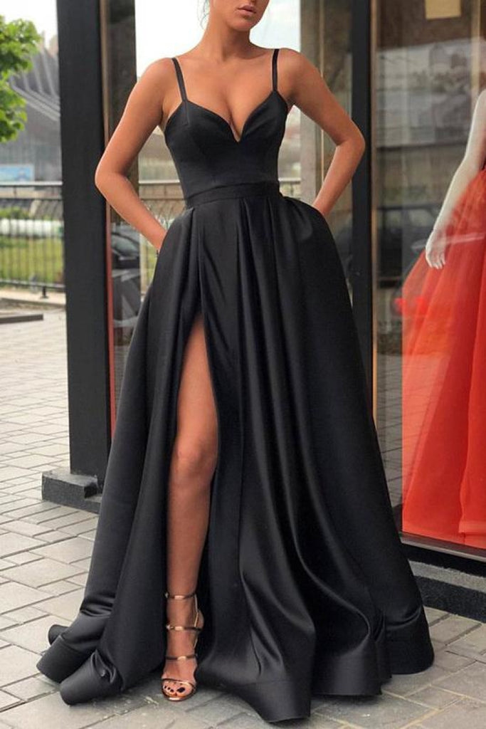 Sexy A-Line High Split Formal Dress Evening Prom Gown Black Dresses