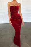 Sexy Dark Red Strapless Long Mermaid Velvet Prom Dress