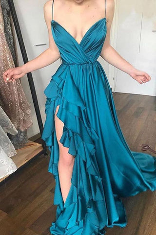 Sexy Ink Blue Spaghetti Straps Split Ruffled Long Prom Dress