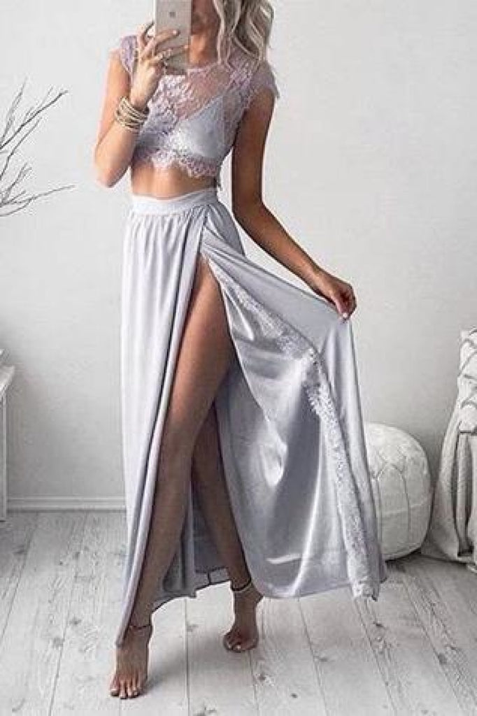 Sexy Two Pieces See Through Lace Slit Chiffon Prom Dress Dresses