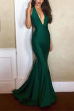Sexy Dark Green Halter Deep V-neck Mermaid Evening Prom Dress
