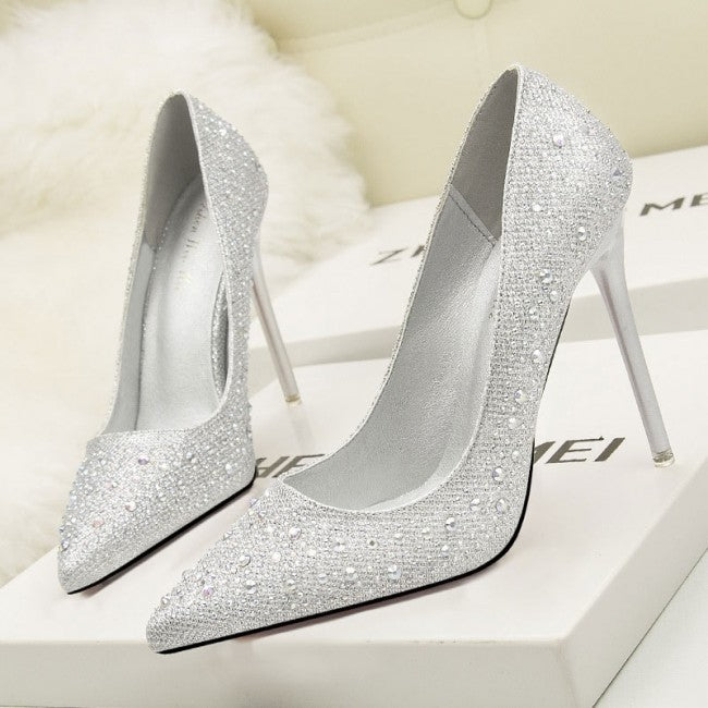 Silver Rhinestone Wedding Pointed Toe Shoes Stiletto Heels
