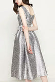 Silver Sleeveless Scoop Open Back Bow A-line Evening Prom Dress