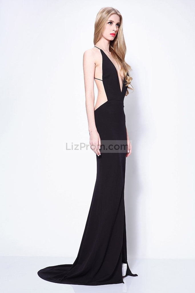 Simple Slip Sexy Black Thigh-high Slit Prom Dress