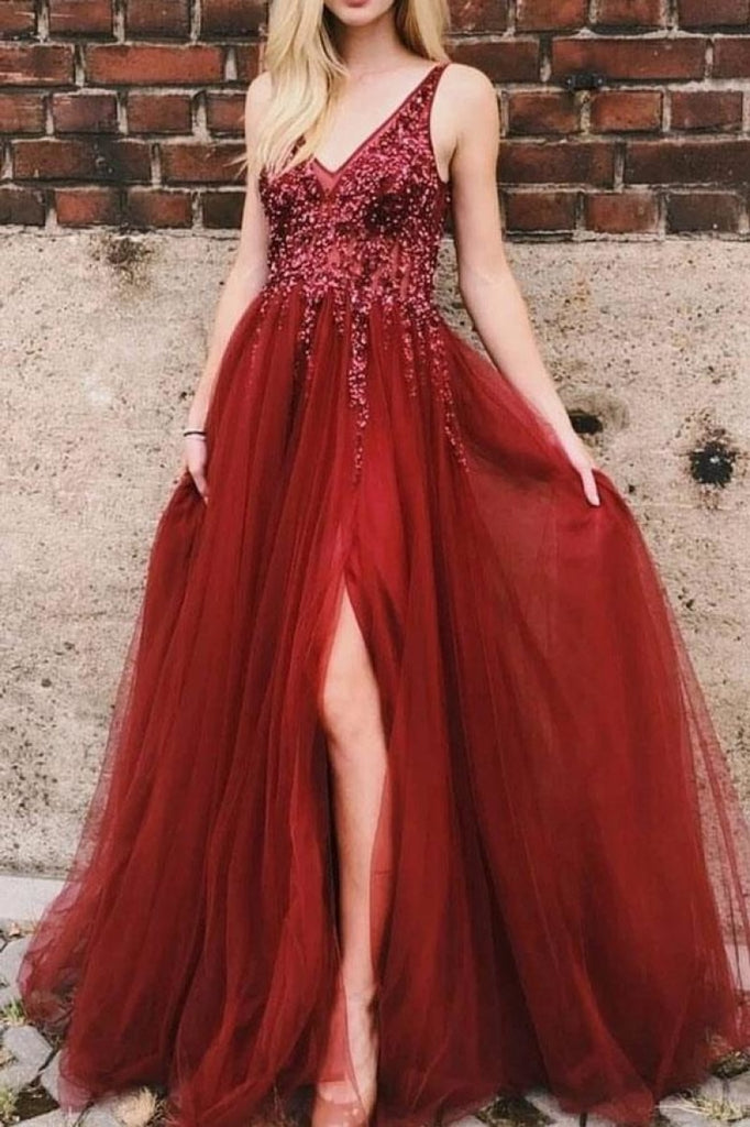 Burgundy Sparkly V-neckline Sleeveless Thigh-high Slit Prom Dress