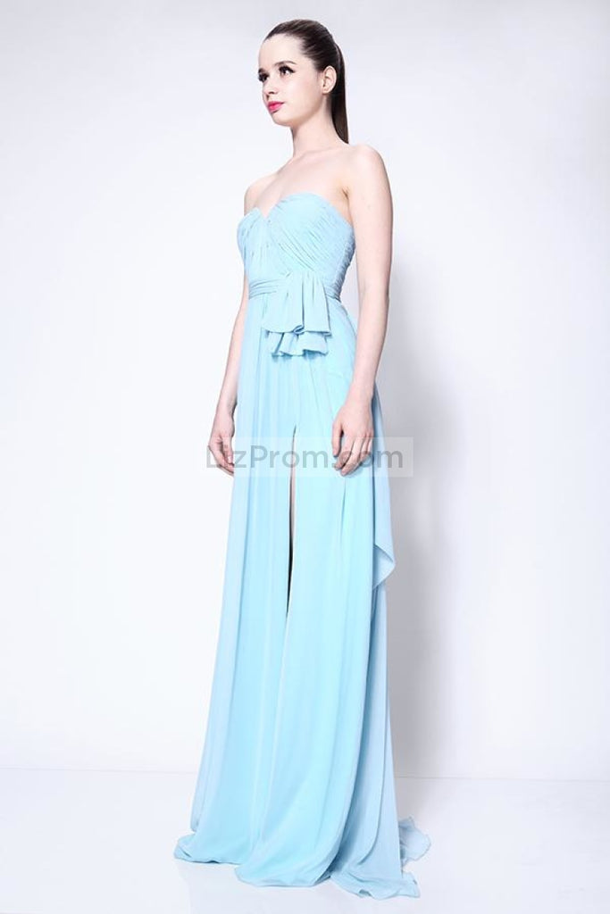Strapless Light Sky Blue Ruffle Slit Bridesmaid Prom Dress