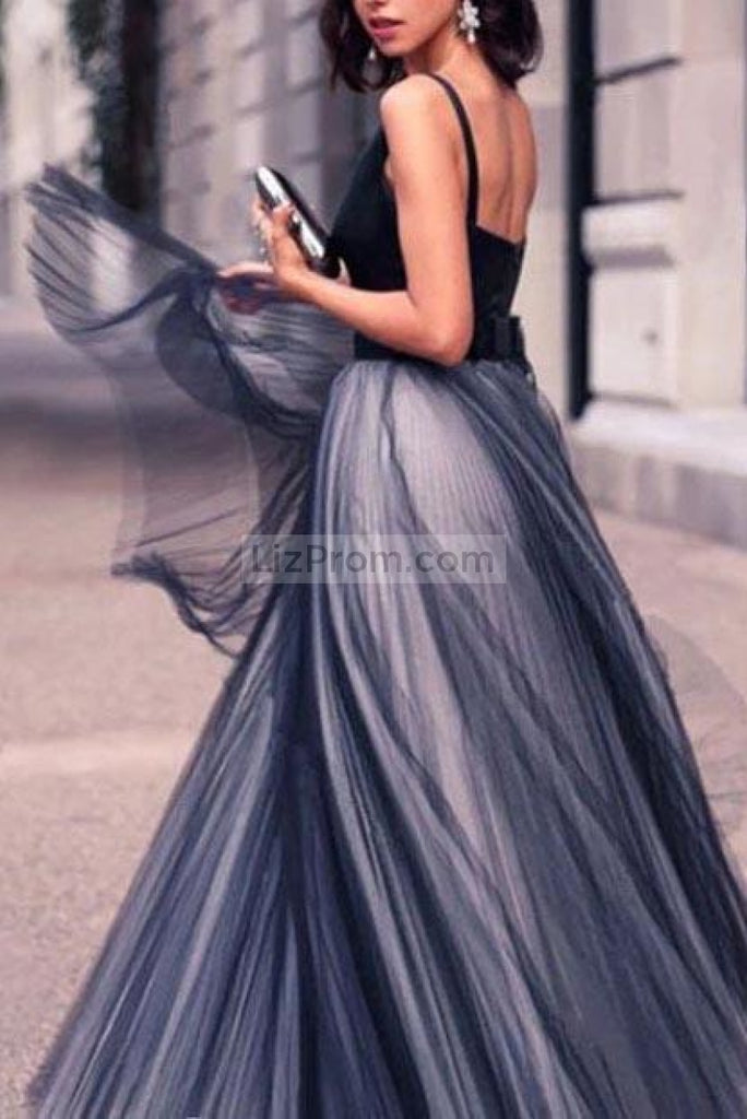 Elegant Tulle A-Line Backless V-Neck Sleeveless Evening Prom Dress Dresses