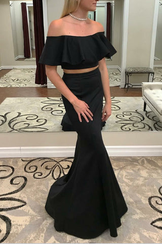 Black Two Pieces Ruffled Mermaid Off Shoulder Prom Dress