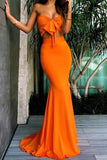 Two Pieces Orange Mermaid Ruffles Evening Dresses