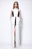 White And Black Halter Thigh-high Slit Prom Dress