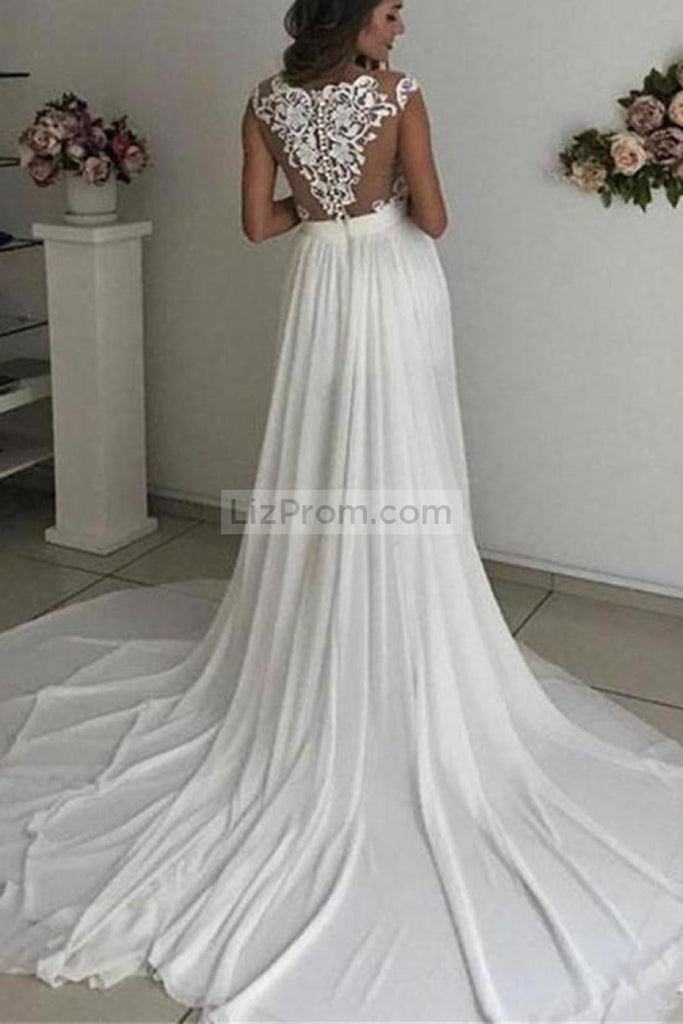 Sexy White Applique Thigh-high Slit Formal Dress