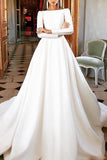 White Backless A-line Bateau Wedding Gown With Long Sleeves.