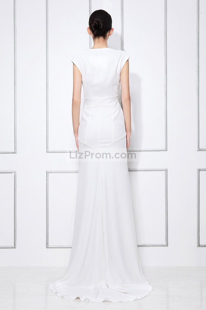 White Column Deep V-neck Formal Prom Dress