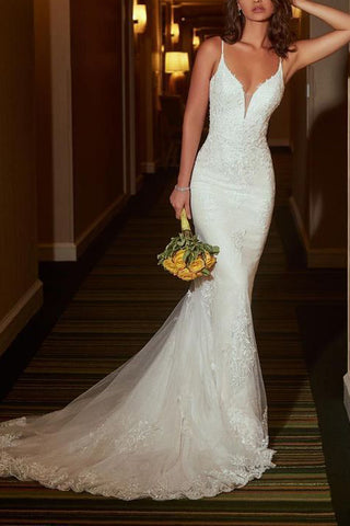 White Mermaid V-neck Lace Wedding Dress