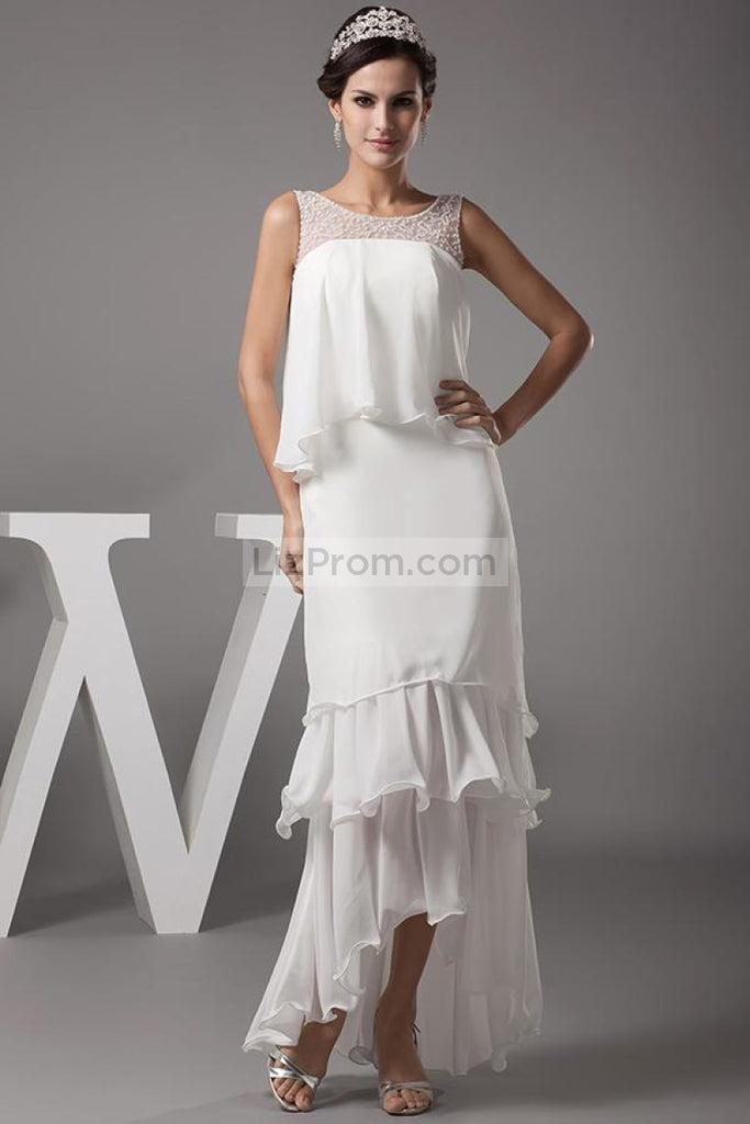 White Sleeveless Layered Ruffle High Low Evening Dress Dresses