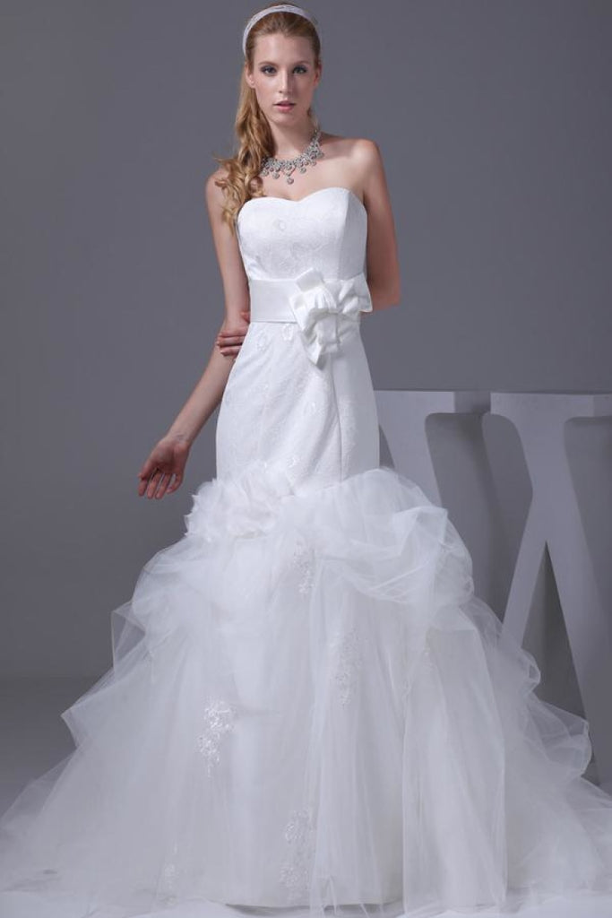 White Strapless Ruffled Mermaid Appliqued Wedding Dress