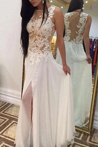 White A-Line Slit Scoop Sleeveless Beaded Applique Prom Dress