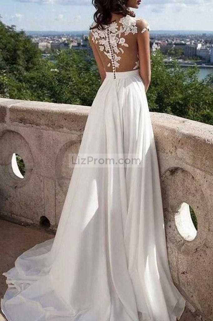 White Appliques Chiffon See Through Scoop High Slit Prom Dress1
