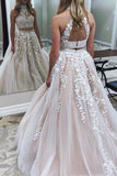 White High Neck Backless Flower 2-Pieces Lace Tulle Wedding Ball Gown Dresses