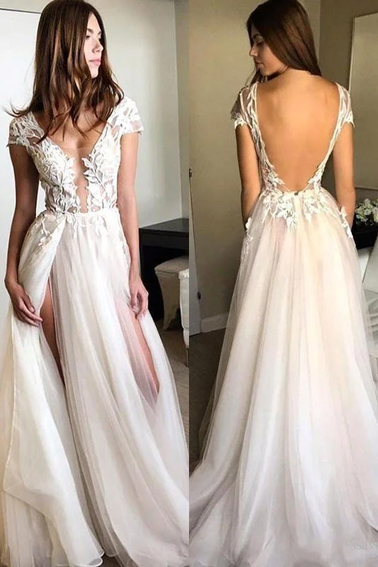 White Low V-neck Backless Tulle Appliques Cap Sleeves Prom Dress