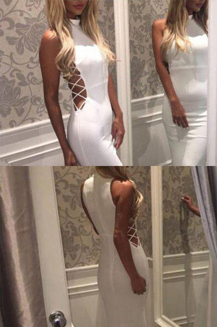 White Cut Out Sleeveless High Neck Mermaid Long Prom Evening Dress.