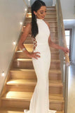 White Cut Out Sleeveless High Neck Mermaid Long Prom Evening Dress.