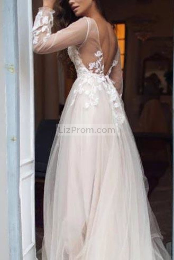 White Tulle Flower Lace Open Back Princess Wedding Ball Gown Dresses