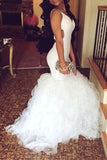 White V-neck Cut Out Ruffled Mermaid Wedding Prom Dress