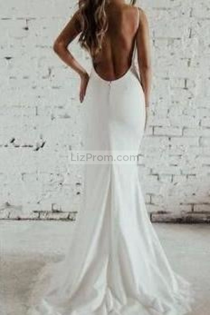 White V-Neck Spaghetti Straps Long Mermaid Slit Wedding Prom Dress Dresses