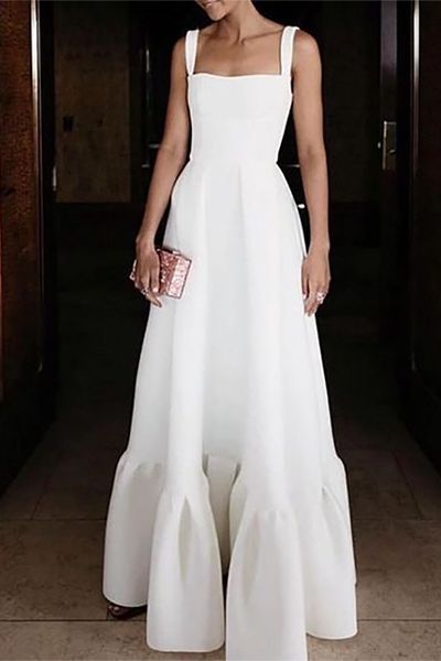 White A-line Floor Ruffles Square Bridesmaids Evening Dress