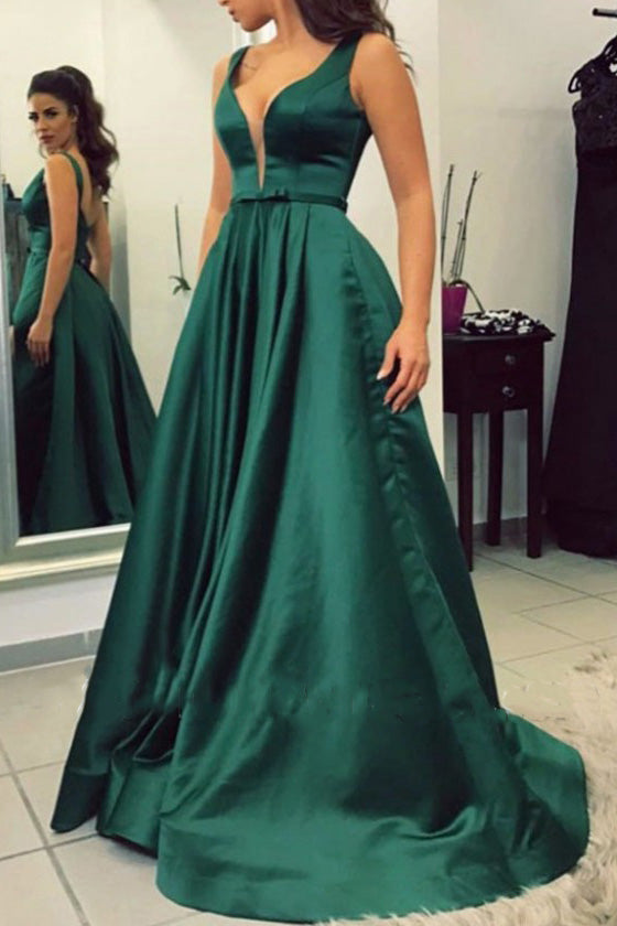 A-Line Dark Green Low V-neck Formal Dress.