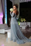 Off-the-Shoulder Long Sleeves Beaded Lace Prom Evening Dress.