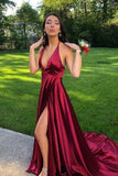 Burgundy V-Neck High Split A-Line Prom Dress Dresses