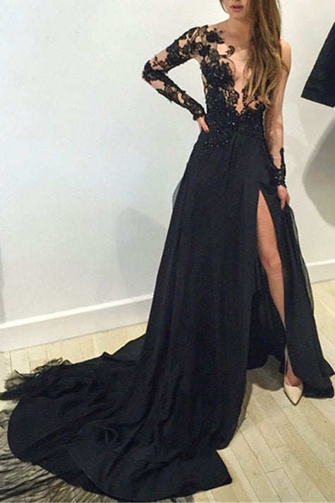 A-Line Long Sleeves Lace Tulle See Through Prom Evening Dress