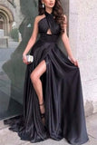 Elegant Black Halter Cut Out Slit Modest Long Prom Dress